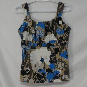 ANN TAYLOR Floral Tank Top Size MP – Blue, Black, White, Tan Hues - NWT
